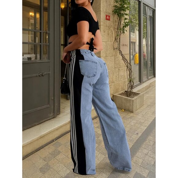 Womens Stretch High Waisted Wide Leg Jeans Patchwork Stripes Color Block - Picture 4 of 5